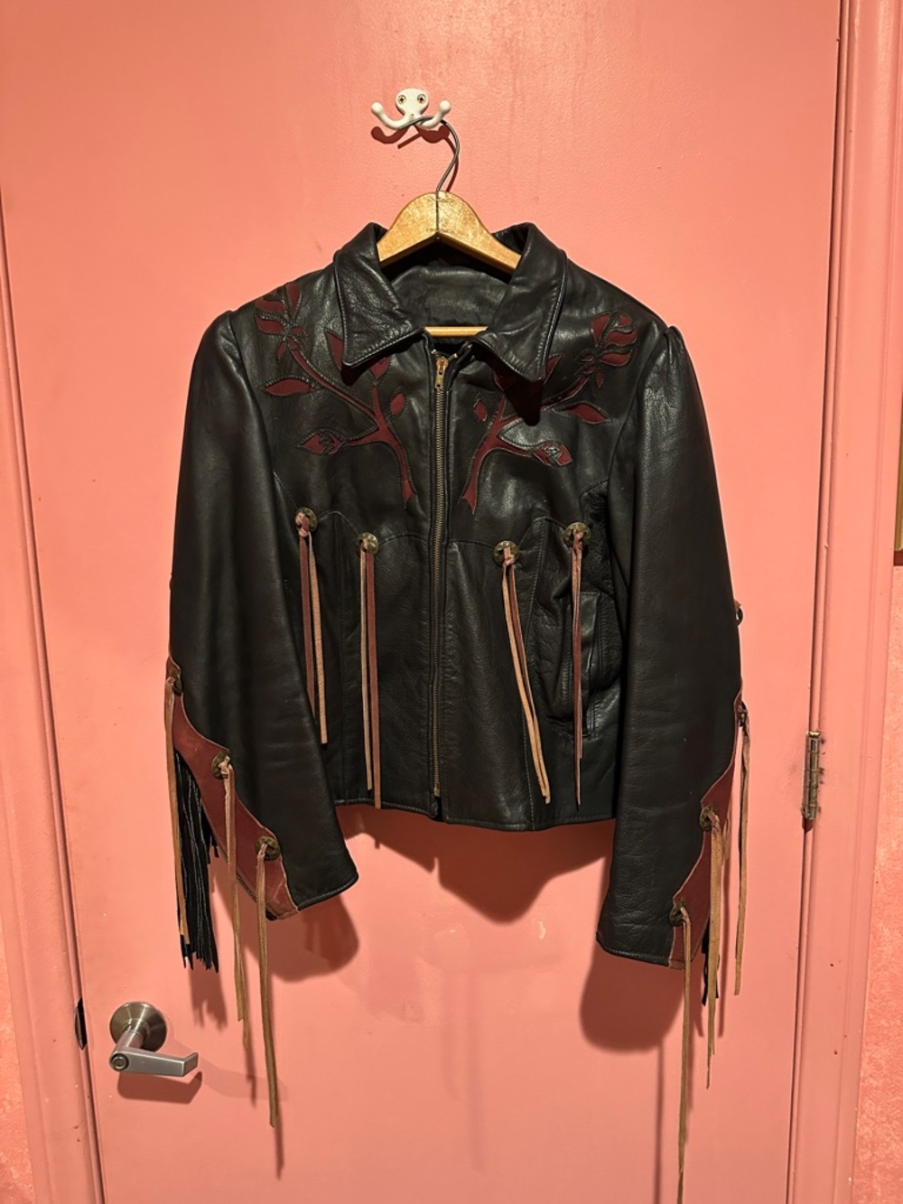 Black Leather Fringe Jacket with Wine Accents and Suede inlay Detail
